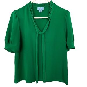 CeCe Green Ruffle Tie-Neck Top Small | Feminine Preppy Work Casual